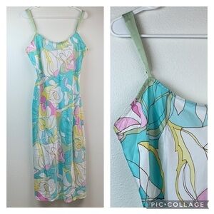 Natori CRUZ: satin chemise slip dress mod pastel print adjustable straps EUC